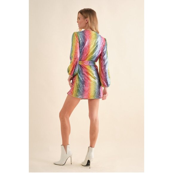Rainbow Striped Sequin Dress Short Mini Evening Dress Long Sleeve